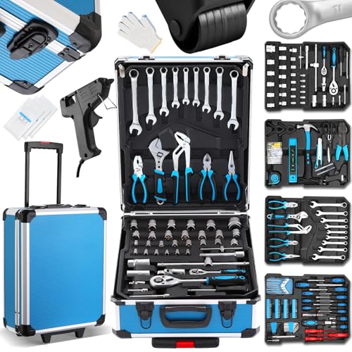 TEENO Boite à Outils | 1000 Pièces | Caisse a Outil en Chrome Vanadium | Outil Multifonction avec Valise Aluminium et Poignée Télescopique | Malette Outils Roulante...