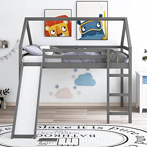 Lifeand Full Size Loft Bed With Slide,Wooden House Bed For Kids/Girls/Boys, Gray #TOP7