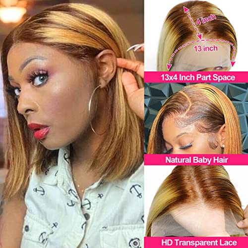 13X4 Hd Honey Blonde Bob Wig Human Hair 180% Density Highlight Ombre Lace Front Wig Human Hair Pre Plucked With Baby Hair 4/27 Short Straight Colored Lace Frontal Wigs For Black Women 12 Inch #TOP1
