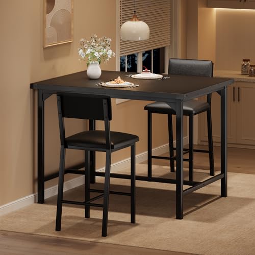 GarveeHome Dining Table Set for 2 W/Footrest & Backrest, Counter Height Table with 2 Upholstered Bar Chairs, Kitchen Table Set with Corner Protector, for Small Space, Black