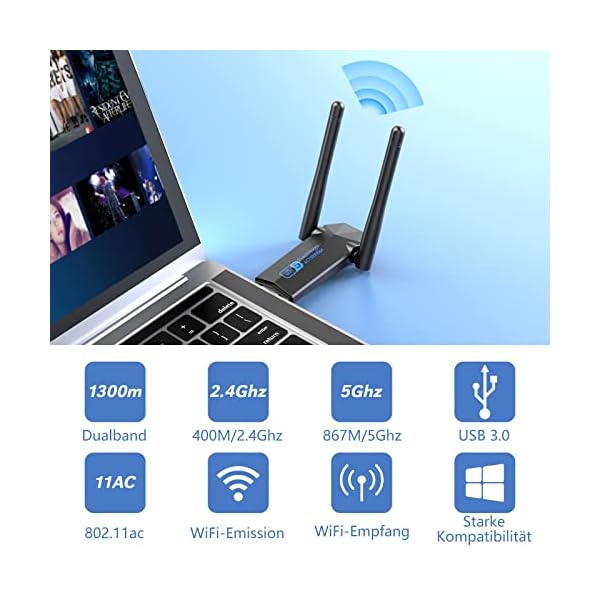 USB WLAN Stick für PC, 1300Mbps USB 3.0 WLAN Adapter PC 2.4GHz/5.8GHz Dual Band Internet Stick mit 2 x 5dBi Antenna für PC/Desktop/Laptop, Kompatibel mit Windows 11/10/8/7/Vista/XP, Mac OS – Bild 4