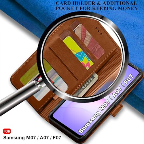 Image of TheGiftKart Flip Cover Back Case for Samsung Galaxy M07 / F07 | Genuine Leather Finish | Designer Button | Inbuilt Pockets & Stand | Wallet Style Flip Back Cover Case (Faux Leather, Brown)