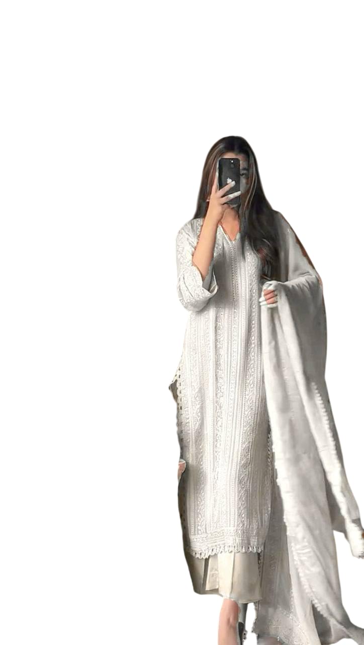 Chinon Silk with Cotton Thread Embroidery Straight Kurti With Pant and Dupatta set (White-L)-image-38
