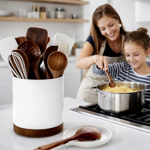 Image of Ceramic Rotating Utensil Holder with Spoon Rest for Kitchen Counter White