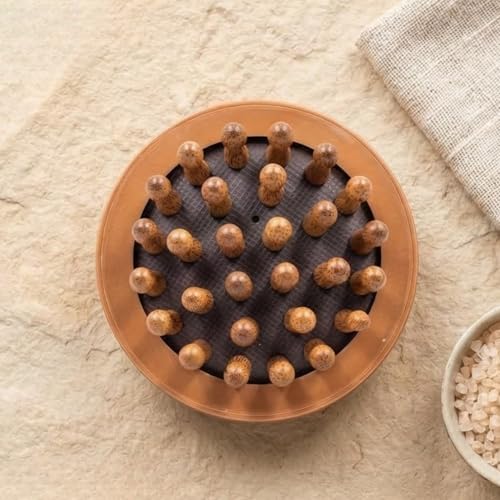 Image of Scalp Massager Brush with Wooden Nodes - Head Massage Tool for Hair Growth, Dandruff Relief, Stress Relaxation & Blood Circulation | Manual Portable Head Massager for Men & Women (Brown-Round)