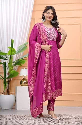 Women's Embroidered Anarkali Kurti Pants Set with Cotton Dupatta Flared Long Ethnic Dress for Partywear3