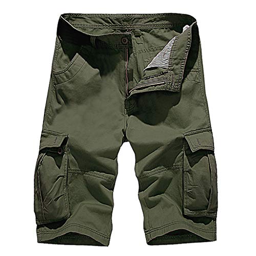 Giulot Men's Lightweight Multi Pocket Casual Athletic Taper Fit Jean Dungarees New Belted Wyoming Twill Cargo Short Green