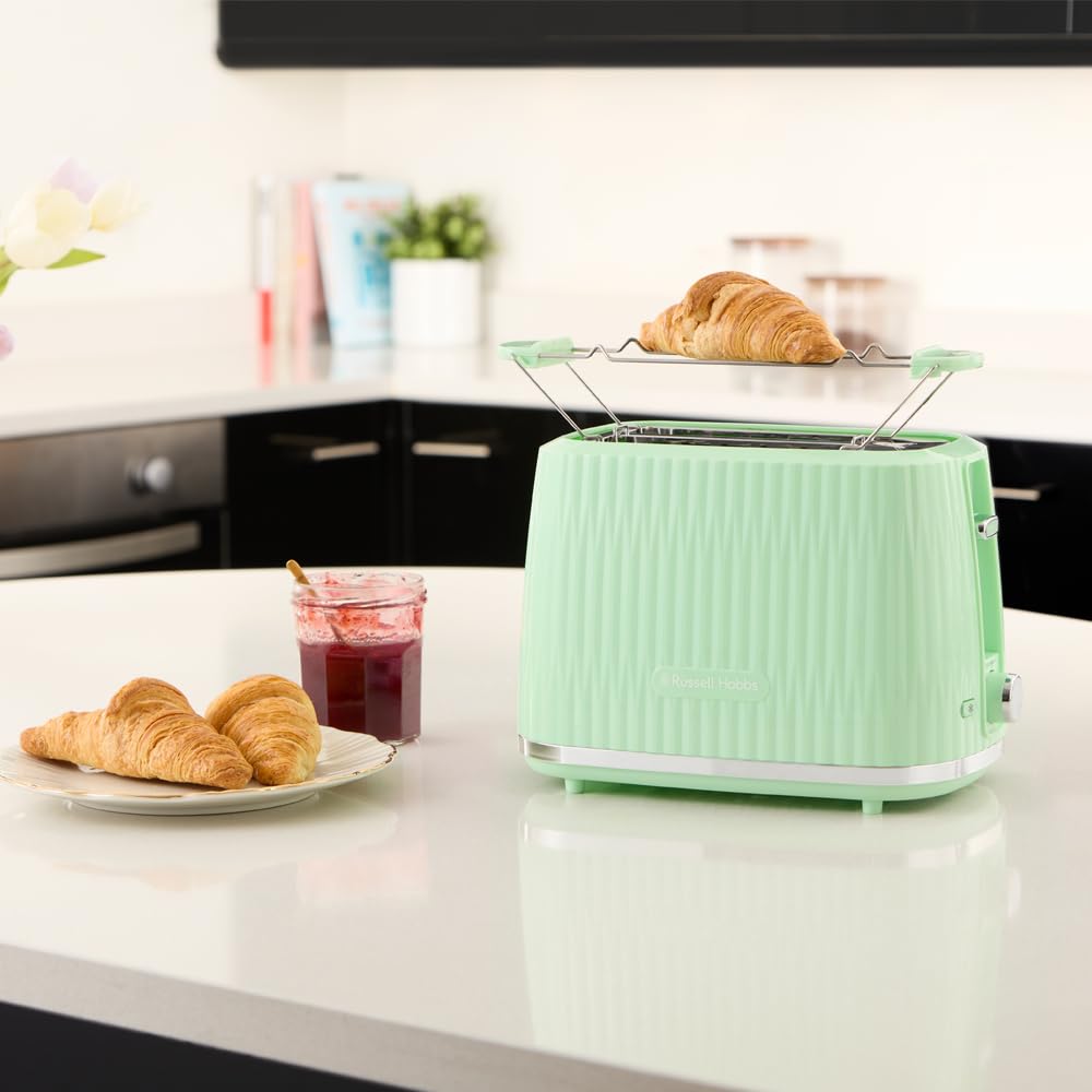 Russell Hobbs Tostapane 2 fette, 6 gradi di doratura, con Pinze, Scongela, Riscalda, Cancella selezione, Vassoio raccogli briciole, Riscalda panini, esterno testurizzato, Eden Pistacchio 27374-56