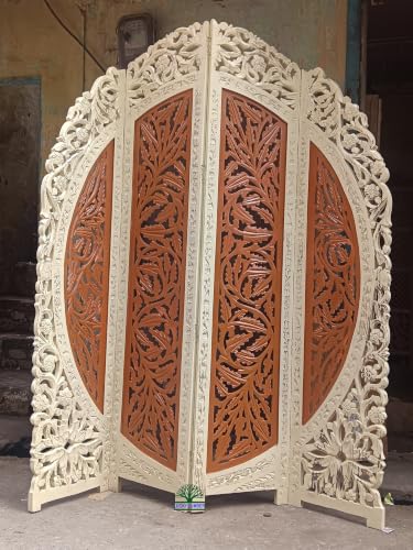Image of Wooden Room Divider Partition for Living Room | Foldable 4 Panel Decorative Privacy Screen Separator for Home, Office & Bedroom | Modern (Cream & Brown)