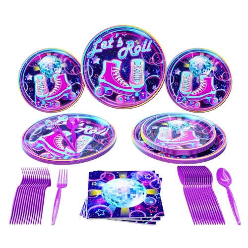 Roller Skating Party Supplies Packs (100 Pieces for 16 Guests) - Roller Skating Party, 90s Party Supplies, Roller Skate Plates And Napkins, Skate Party Decorations For Girl, Blue Orchards