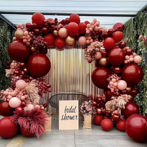 Image of Red Pink Balloon Garland Double Stuffed Burgundy Pink Balloons Dark Red Maroon Rose Gold Balloon Arch Kit for Birthday Bridal Wedding Birthday Mother's Day Graduation Party Decoration