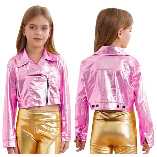 Loyan Kids Girls Boys Hip Hop Jazz Modern Dance Top Metallic Motorcycle Biker Jackets Zipper Coat