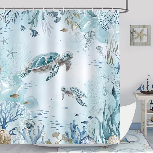 Bonhause Sea Turtle Shower Curtain for Bathroom Teal Blue Ocean Beach Coastal Decorative Bath Curtain 72 x 72 Inch Polyester Fabric Waterproof Bathroom Curtain with 12 Hooks