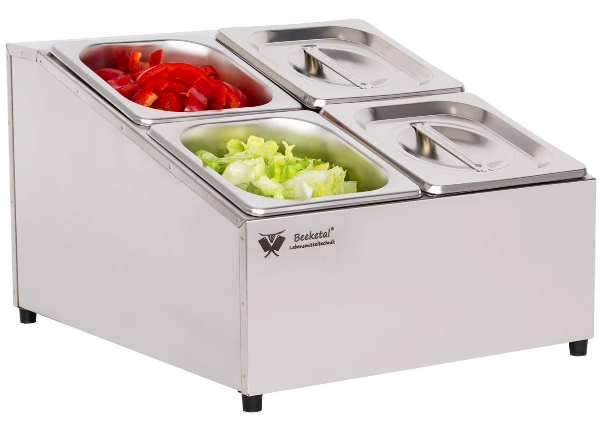 Beeketal 'BGN4-Duo' Edelstahl GN Aufsatzboard für 4 Gastronorm Behälter (zweireihig), Gastro Zutatenbehälter inkl. 4 Stück (GN) 1/6 Behälter mit Deckel, abgeschrägtes Gestell mit Anti-Rutsch Füßen