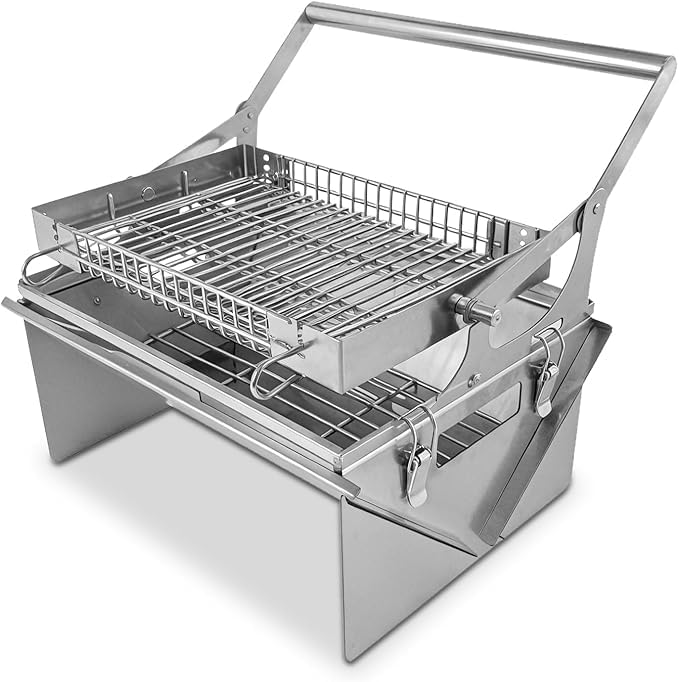Parrilla giratoria portátil de acero inoxidable para barbacoa al aire libre y camping, fácil de asar y divertida experiencia de cocina