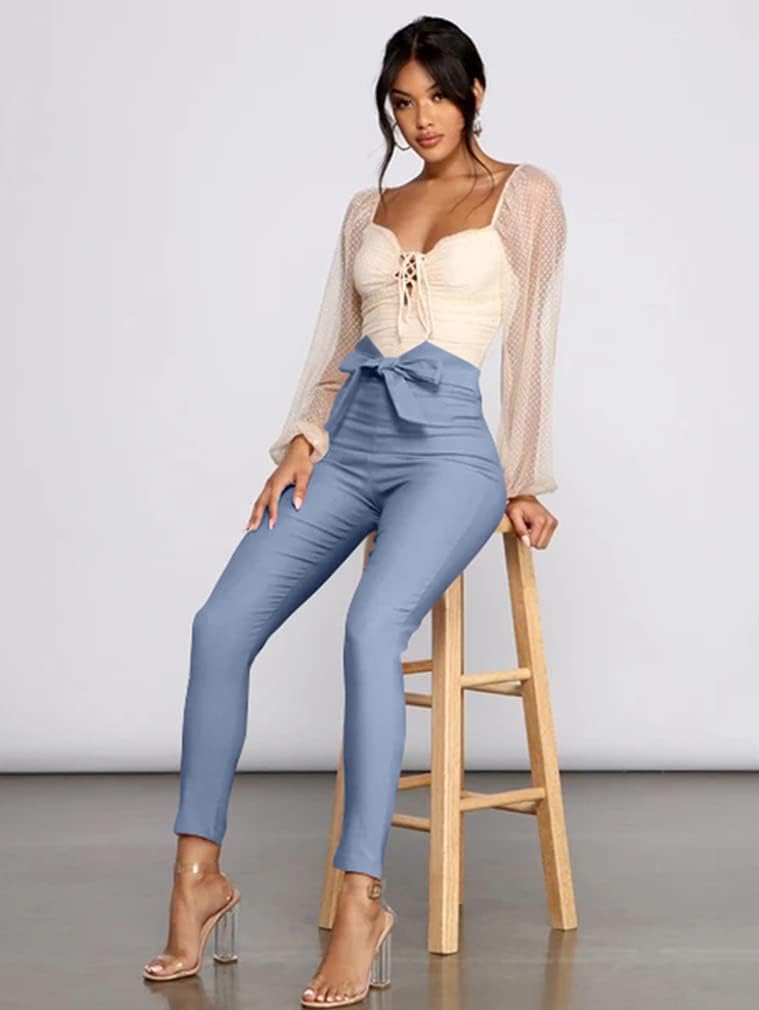 XXTAXN Women's Casual High Waist Stretch Trousers Solid Pencil Pants with Tie - Image 4