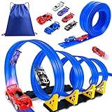 HERMORRYSS Rennbahn für Kinder, 5 Meter Autorennbahn Rennstrecke mit 6 Fahrzeuge und Rampe, Geschwindigkeitsstrecke Rennstrecke Rennbahn Spielzeug, Jungen Mädchen 3+ (Blau)