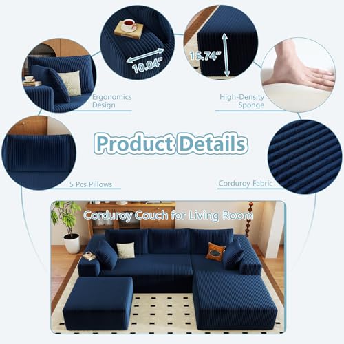 Image of 96 inch Boneless Cloud Sectional Couch Modular Sofa with Ottoman | Modern U-Shaped Couches, Comfy Corduroy Memory Foam Sofas with Oversized Chaise for Living Room (Blue,Right-Facing Chaise)