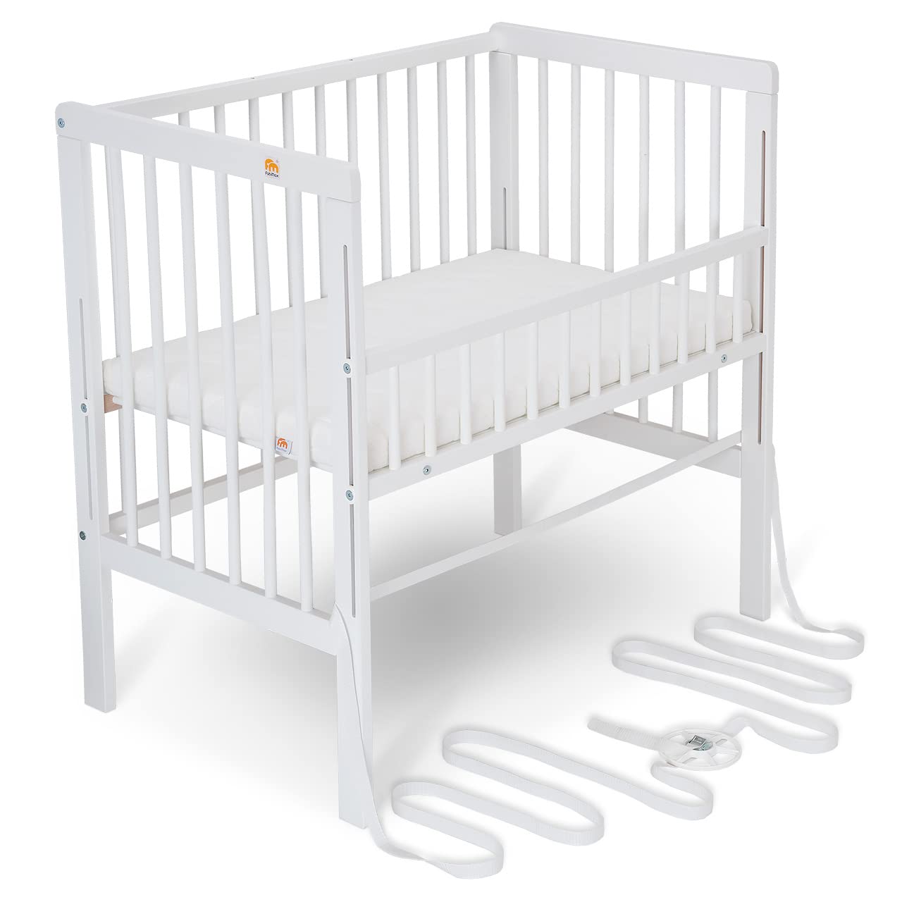 FabiMax Baby Beistellbett für Boxspringbett, TÜV geprüft 2022, Buche massiv weiß, inkl. Matratze Classic