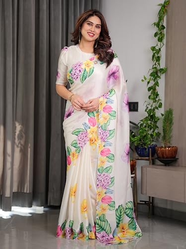 Image of ALMAARI FASHION Satin Georgette Floral Printed Saree with Blouse, 5.5 Meter Saree with 0.8 Meter Blouse, Traditional (SG 113 H)