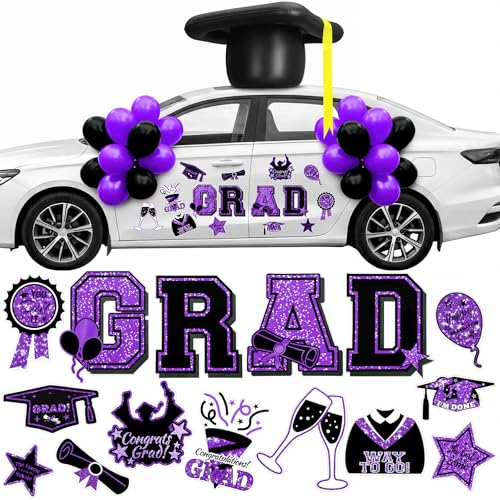 Gemscream 2026 Graduation Car Magnets Decorations 23 Inflatable Graduation Cap 15 Pcs Congrats Grad Car Magnets Stickers Class of 2026 Decor for Parade High School College(Purple and Black Grad)