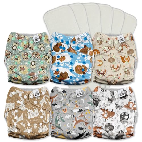Image of Mama Koala 3.0 Cloth Diapers for Babies with AWJ Lining, 6 Pack with 6 5-Layer Natural Cloth Diaper Inserts - Reusable and Washable Pocket Diapers(A-Animals' Love)