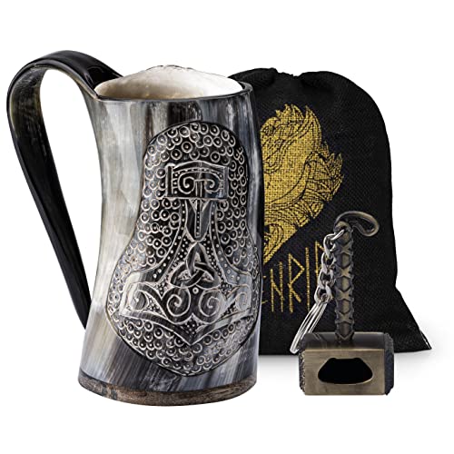 FENRIR Viking Drinking Horn Mug-16 oz | Viking Gifts For Men | Bottle Opener | Norse Horn Cup For Beer, Ale, Mead | Unique Handmade Real Oxhorn | Premium Thor Edition (Natural Shine Polished)