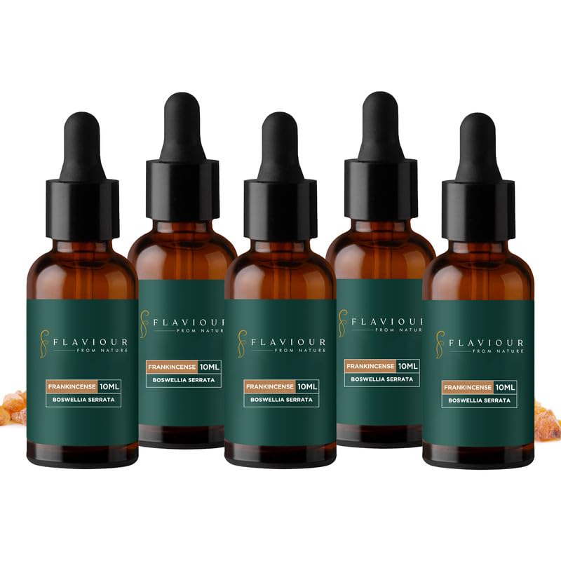Flaviour Frankincense Essential Oil: 100% Natural & Pure | Promotes Relaxation, Stress Relief & Inner Peace | Moisturizes Skin & Nourishes Hair | 10 ml (Pack of 5) | Boswellia Serrata