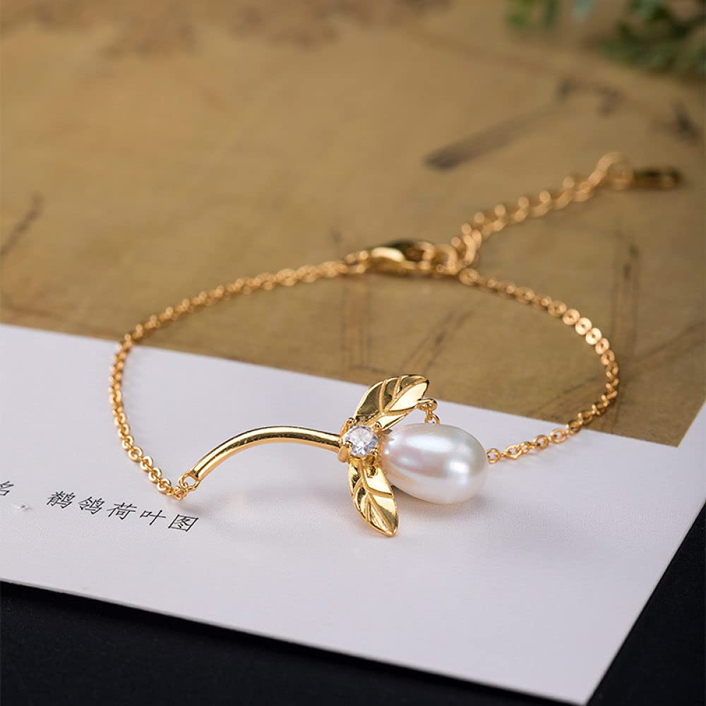 Girls Accessories Bracciale in Argento Sterling 925 Vintage per Donna Semplice Perla d'Acqua Dolce Foglia Dorata Gioielli Classici Fascino Spiaggia Estiva Birthday Gift