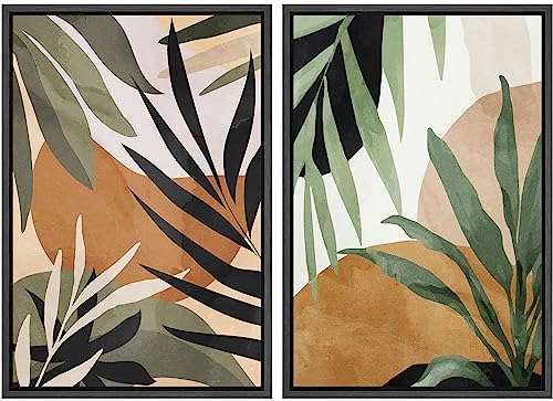 SIGNFORD Framed Canvas Print Wall Art Set Tropical Island Palm Leaf Geometric Collage Abstract Nature Illustrations Modern Art Decorative Minimalist Floral Botanical for Bedroom - 16"x24"x2 Black