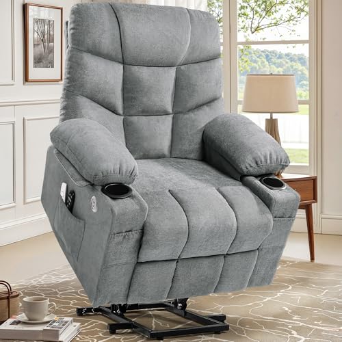 DWVO Power Lift Recliner Chair with Massage & Heat, Modern Fabric Recliner Chair, Spacious Fabric Seat, USB Ports, Cup Holders & Remote Control for Living Room, Light Gray