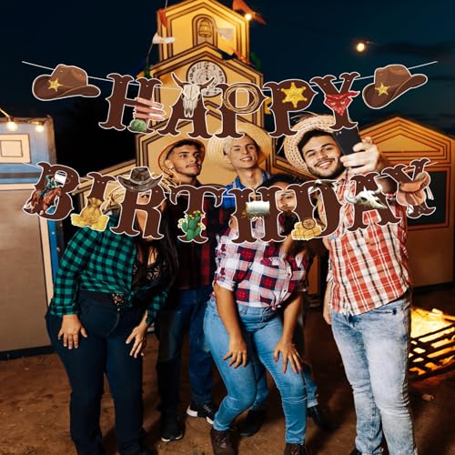 Image of Western Cowboy Theme Wild West Party Decoration,Pre-Strung Happy Birthday Banner,Retro Horse Rodeo Party Supplies for Boys,Cowboy Hat Horses Garland for Boys Birthday Party