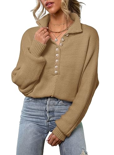 Image of EVALESS Womens Oversized Knit Chunky Fall Sweater Tops 2024 V Neck Long Sleeve Lapel Collar Button Pullover Outfits