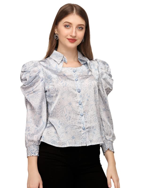 SXV Light Blue Leaves Print with Collar Crop Top | Satin Tops for Women and Girls | Women’s Balloon Sleeve Top with Leaves Print Inside | Front Side Batton top for Women-image-25