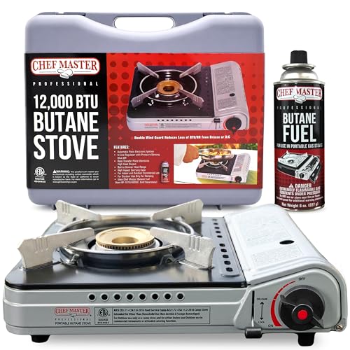 Chef Master 12,000 BTU Portable Butane Stove - Gas Burner for Camping & Outdoor Cooking - Countertop Cooktop with Carry Case, Wind Guard & Electronic Ignition - Portable Cooker & Burner Stove – 90235