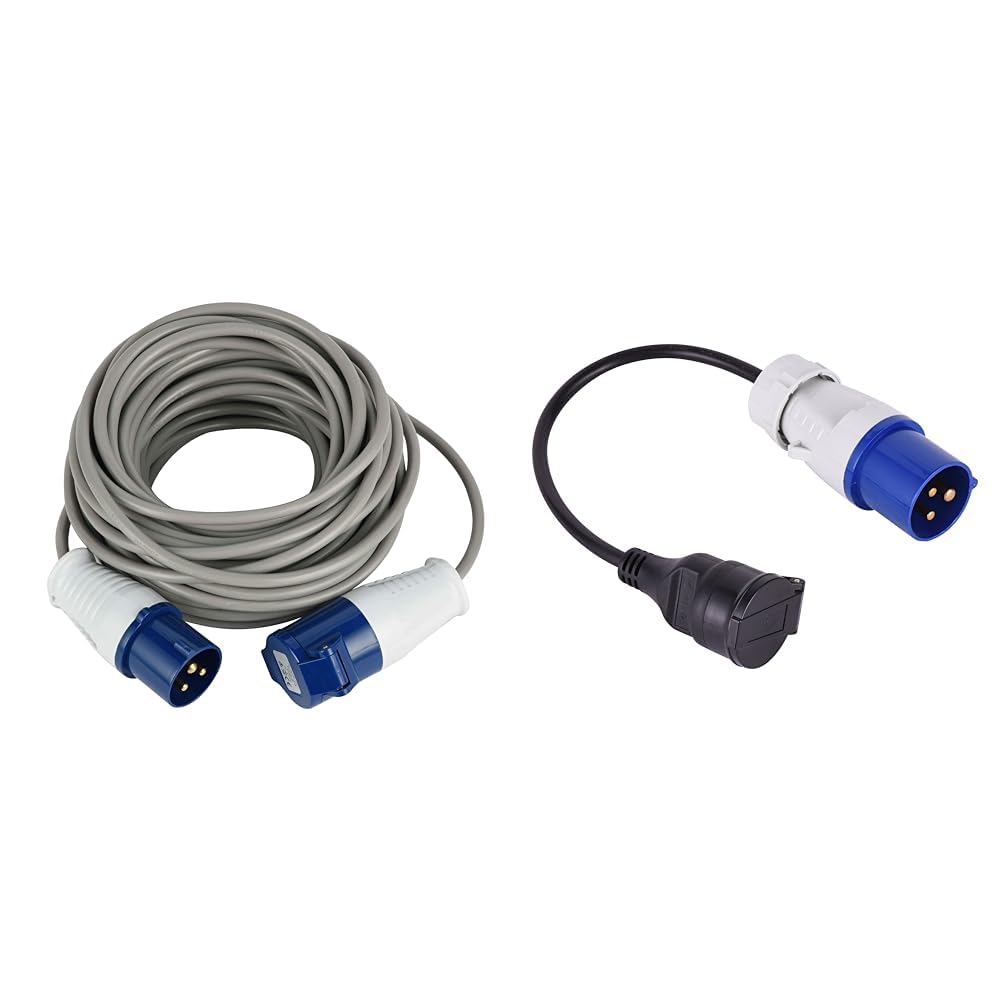 Rallonge 10 M CEE 3 broches et adaptateur caravane bleu robuste