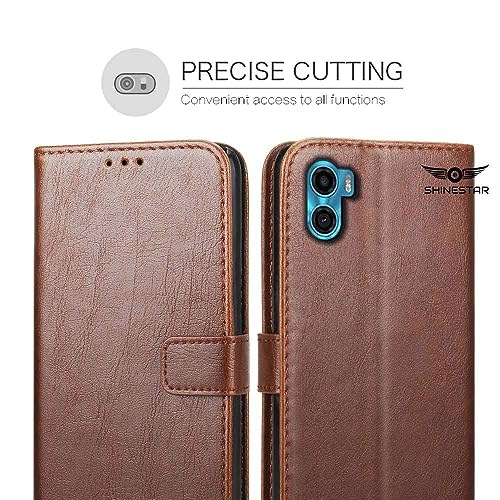 Image of SHINESTAR Motorola Moto E32 Flip Back Cover | PU Leather Flip Cover Wallet Case with TPU Silicone Case Back Cover for Motorola E32 - Classic Brown
