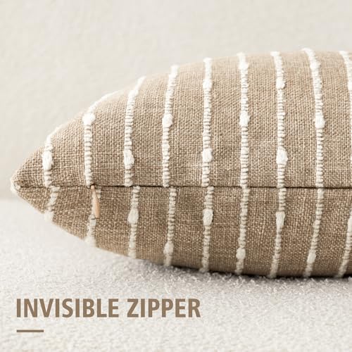 Image of Foindtower Pack of 2 Decorative Jacquard Boucle Throw Pillow Covers Accent Textured Striped Pillowcases Cozy Modern Cushion for Couch Sofa Bedroom Living Room Home Decor 18x18 Inch Camel