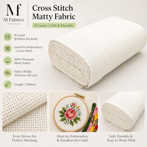 Image of Embroidery Cross Stitch Matty Soft Fabric Cloth (Cross Stitched Aida Needle Work Fabric) 34 Inches Width (8 Count Soft) - (5 Meters, White)