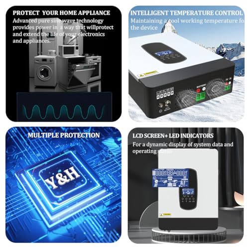 Y&H 3200W Solar-Hybrid-Wechselrichter DC24V zu AC230V,netzunabhängiger Reiner Sinus-Wechselrichter mit 80A MPPT Solar-Ladegerät+AC-Ladegerät,Max PV 3000W DC55-450V Eingang,geeignet für 24V Batterie