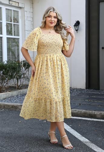 Image of Keluummi Plus Size Wedding Guest Maxi Dresses for Curvy Women, Summer Casual Boho Floral Smocked Empire Waist A Line Sundress
