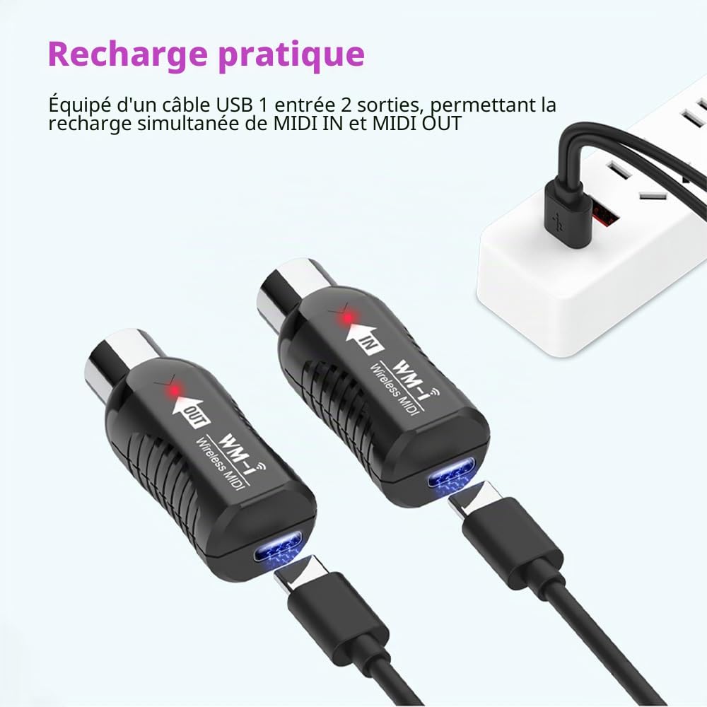 Sanfoelek Adaptateur MIDI sans fil o émetteur récepteur 2,4 GHz ultra faible latence intégré silencieux connecteur MIDI portable pour instruments à vent guitare piano numérique clé