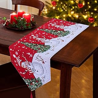 BHGWR Christmas Table Runner, 180 x 34cm Red Christmas Table Cloth and Runners Rectangle with Snowman Tree Pattern, Non-slip Long Xmas Table Runners Tablecloth for Dining Party Christmas Decorations