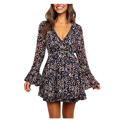 Preisvergleich Produktbild Oksea Damen Minikleid Rüschen Langarm Damenkleider Casual Blumendruck Rüschen Wickelkleid Langarm Swing Plissee Skater Minikleid