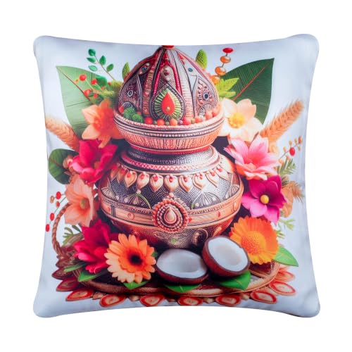 Image of Decorative Satin Cushion Covers Set of 5, 24 Inch x 24 Inch, Multicolor Realistic Traditional Motif Design, Lotus Diya Kalash Owl Elephant Digital Print, Zipper Closure (Anmol, 24X24 Inches)