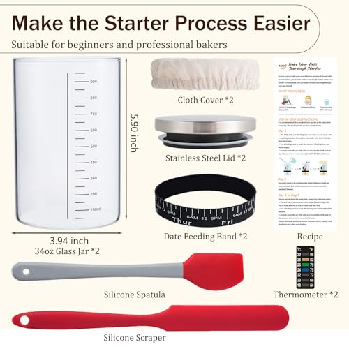 Image of Sourdough Starter Jar Kit,34oz Large Wide Mouth Sour Dough Jar Glass | Sourdough Bread Baking Supplies, Sourdough Tools for Beginners and Pro, Dishwasher-Safe, Borosilicate Glass, 2 Pack