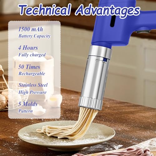 50W Handheld Electric Pasta Maker Machine Stainless Steel Portable Automatic Cordless Noodle Machine Portable Automatic Homemade with 5 Pasta Discs - Image 3