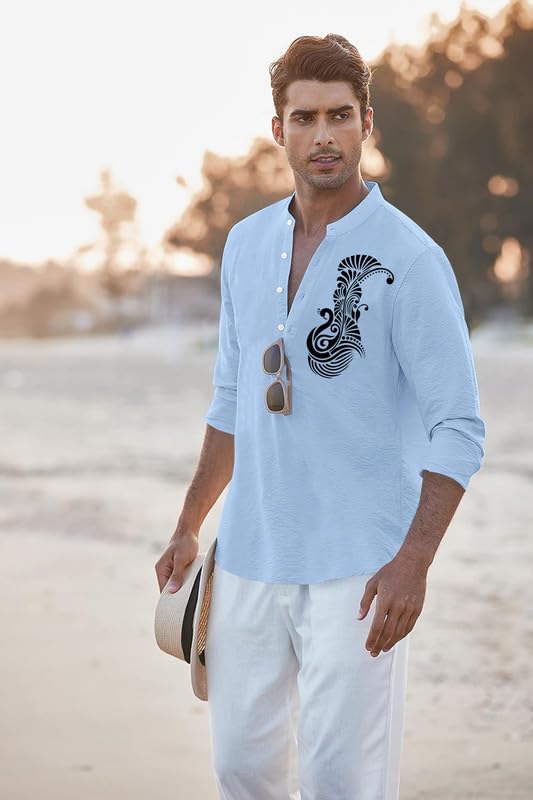 Image of FINIVO FASHION Men's Printed Cotton Blend Short Kurta with Artistic Chest Design | Stylish Full Sleeve Casual Kurta with Mandarin Collar for Daily, Travel Soft Textured