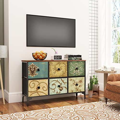 Aopsen 6 Drawer Dresser For Bedroom, Tv Stands With Chest Drawers, Wide Fabric Storage Drawer Unit For Living Room, Hallway, Kids, Nursery, Sturdy Steel Frame, Wood Top, Rustic Brown #TOP3