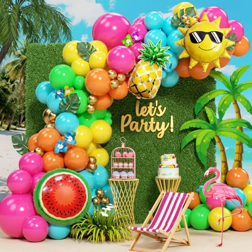 JUNXIAUP Tropical Hawaiian Summer Balloon Garland Arch Kit 152Pcs, Hot Pink Orange Yellow Luau Balloon Arch Kit for Tropical Summer Beach Birthday Coconut Pool Party Decor